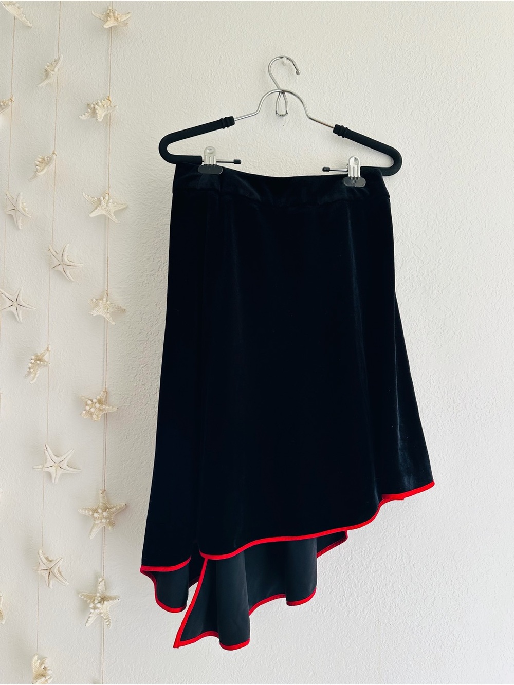 bebe Black Velvet Asymmetrical Skirt with Red Trim
